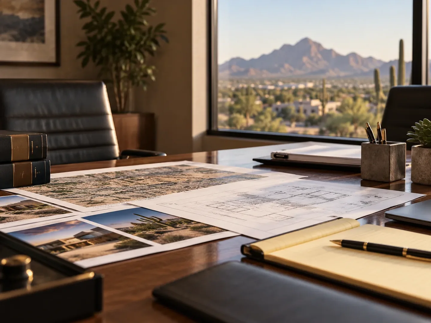 property plans, an aerial image and notes on an unoccupied worktable.