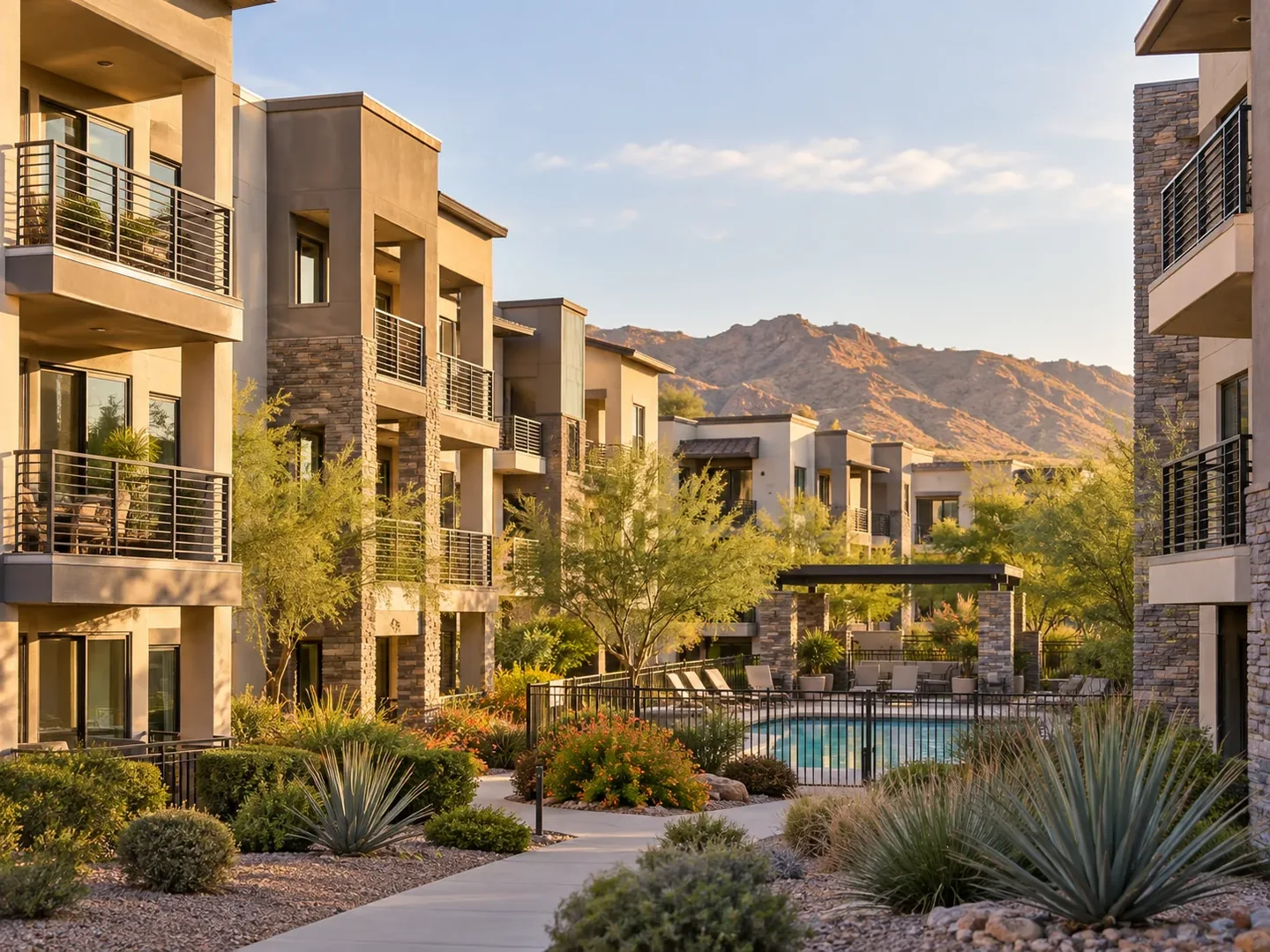 a desert condominium community with balconies, common landscaping and a courtyard.