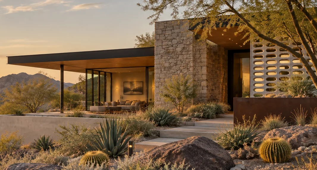 architectural detail showing glazing, roof overhangs, stone cladding and exterior transitions; no defect is represented.