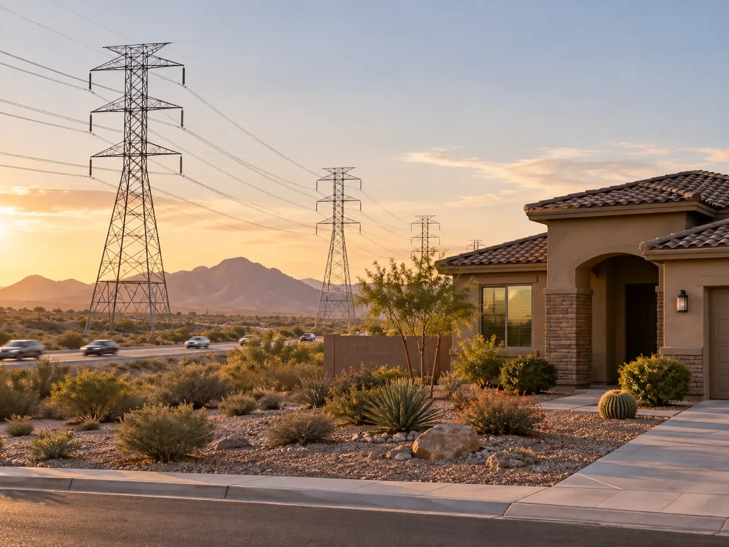 a residence near transmission lines and a roadway.
