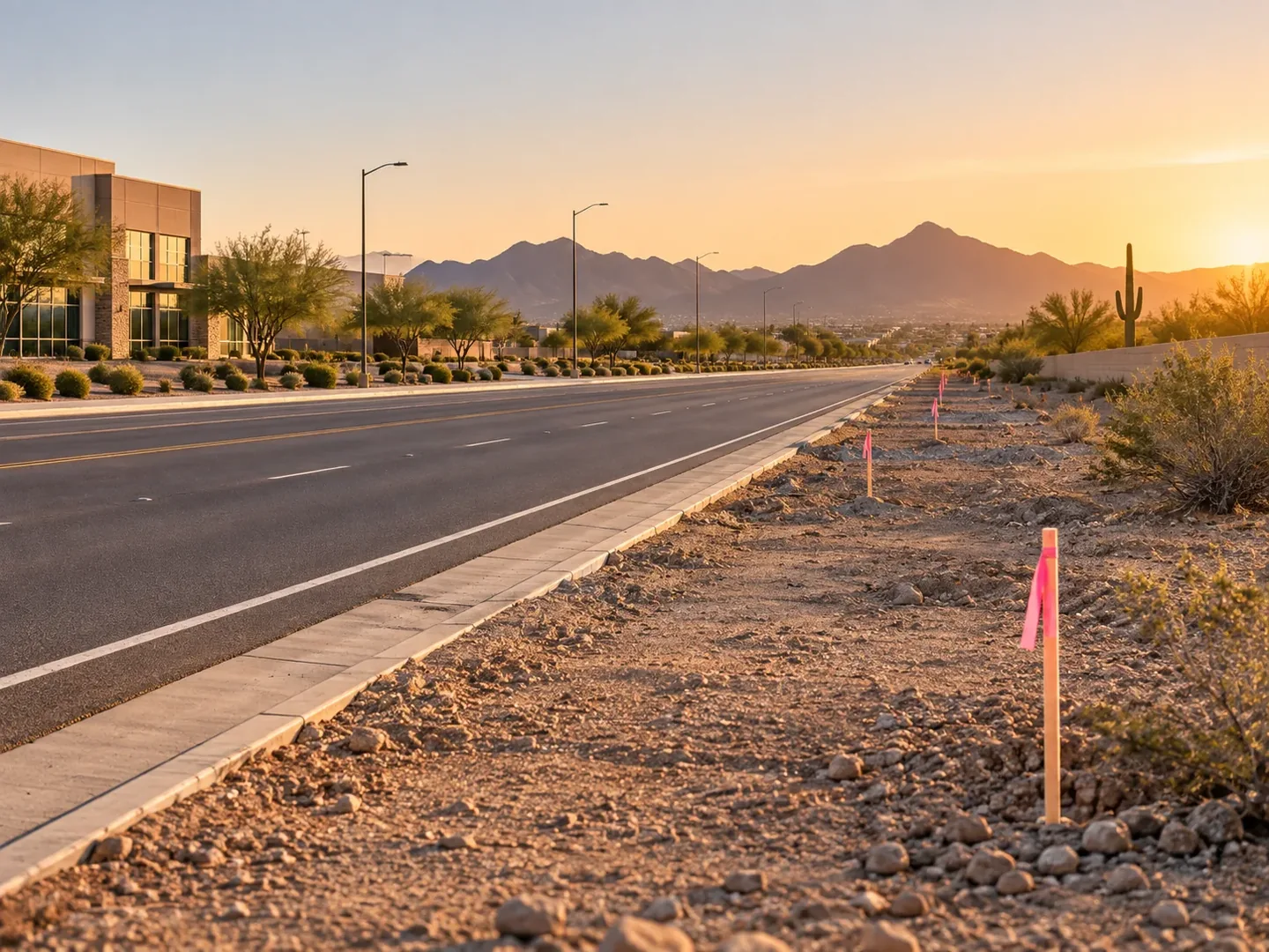a roadway beside a property edge with survey stakes.
