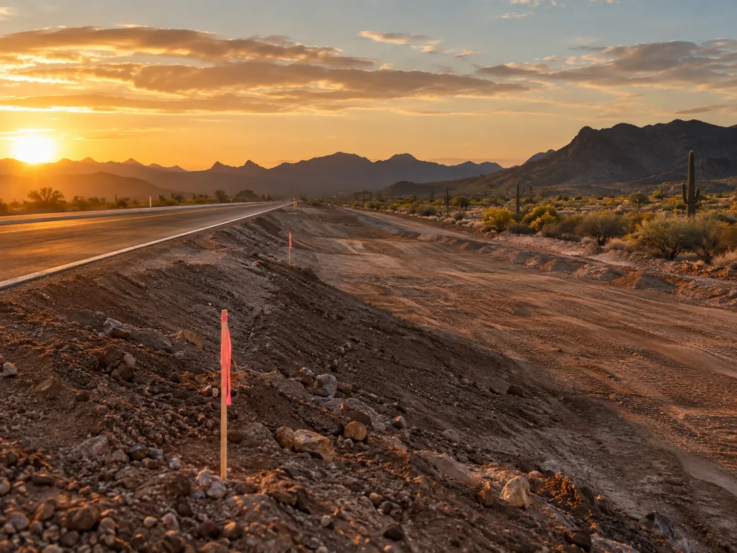 a road corridor with graded land and survey stakes.