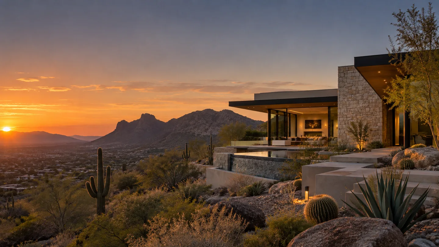 a desert residence with a terrace and mountain setting.