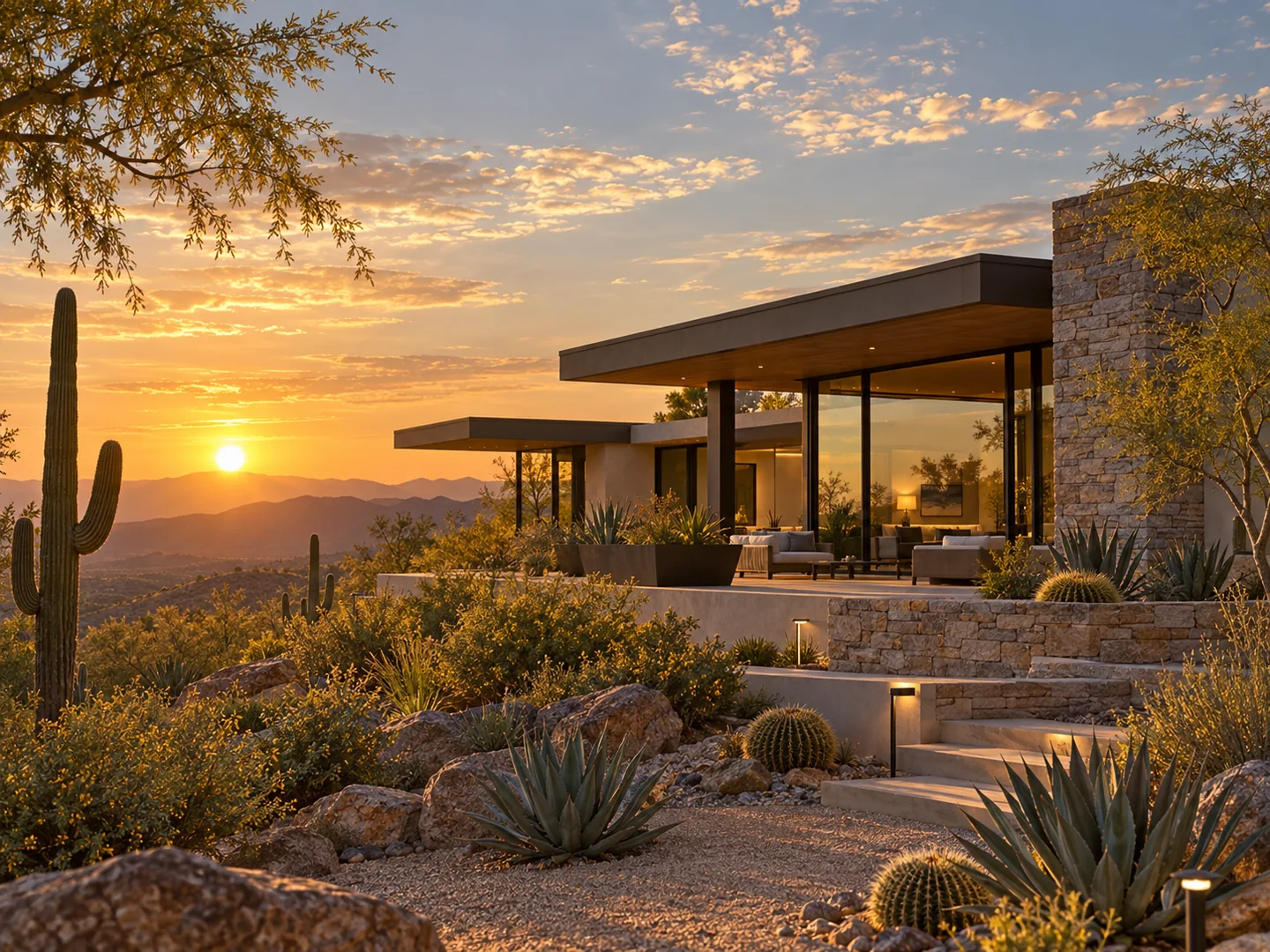 a custom desert home with glazing, natural stone and site-integrated design.