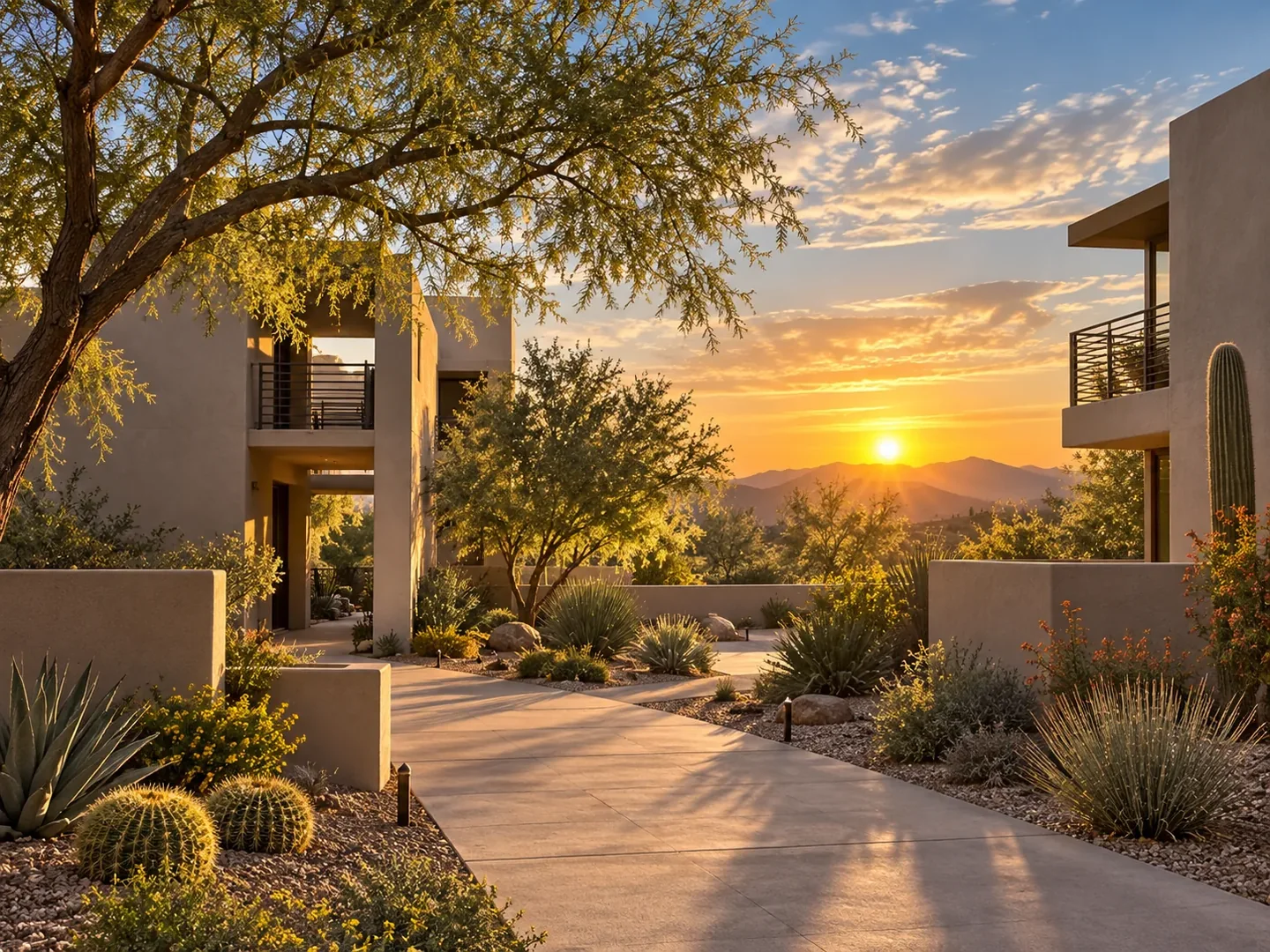 separate residential buildings around a shared desert courtyard.